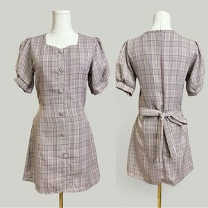 Plaid Dress Women Size Medium Brown Midi Sweetheart Neckline Puff Short Sleeves